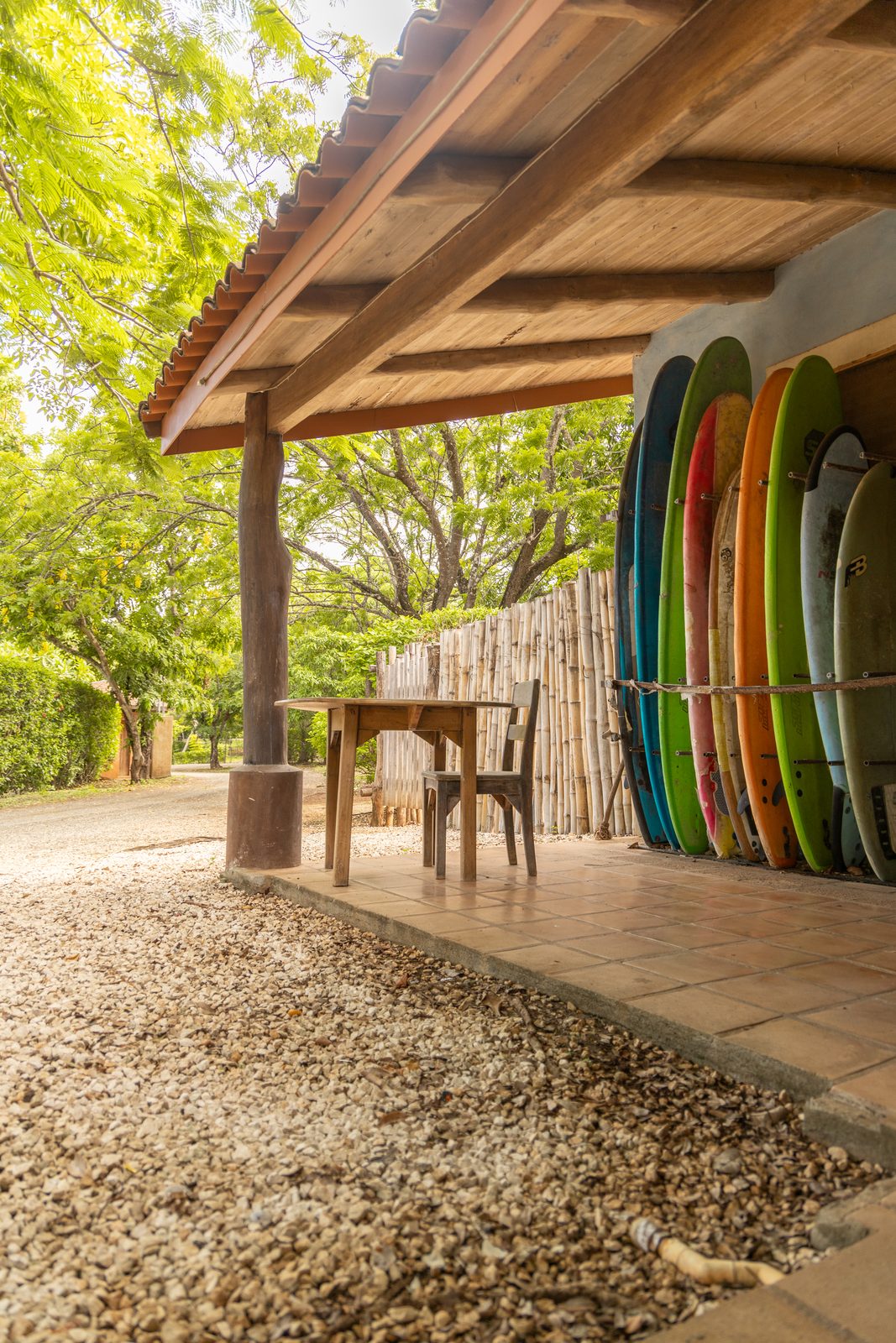 Boards racked beside a table in the shade