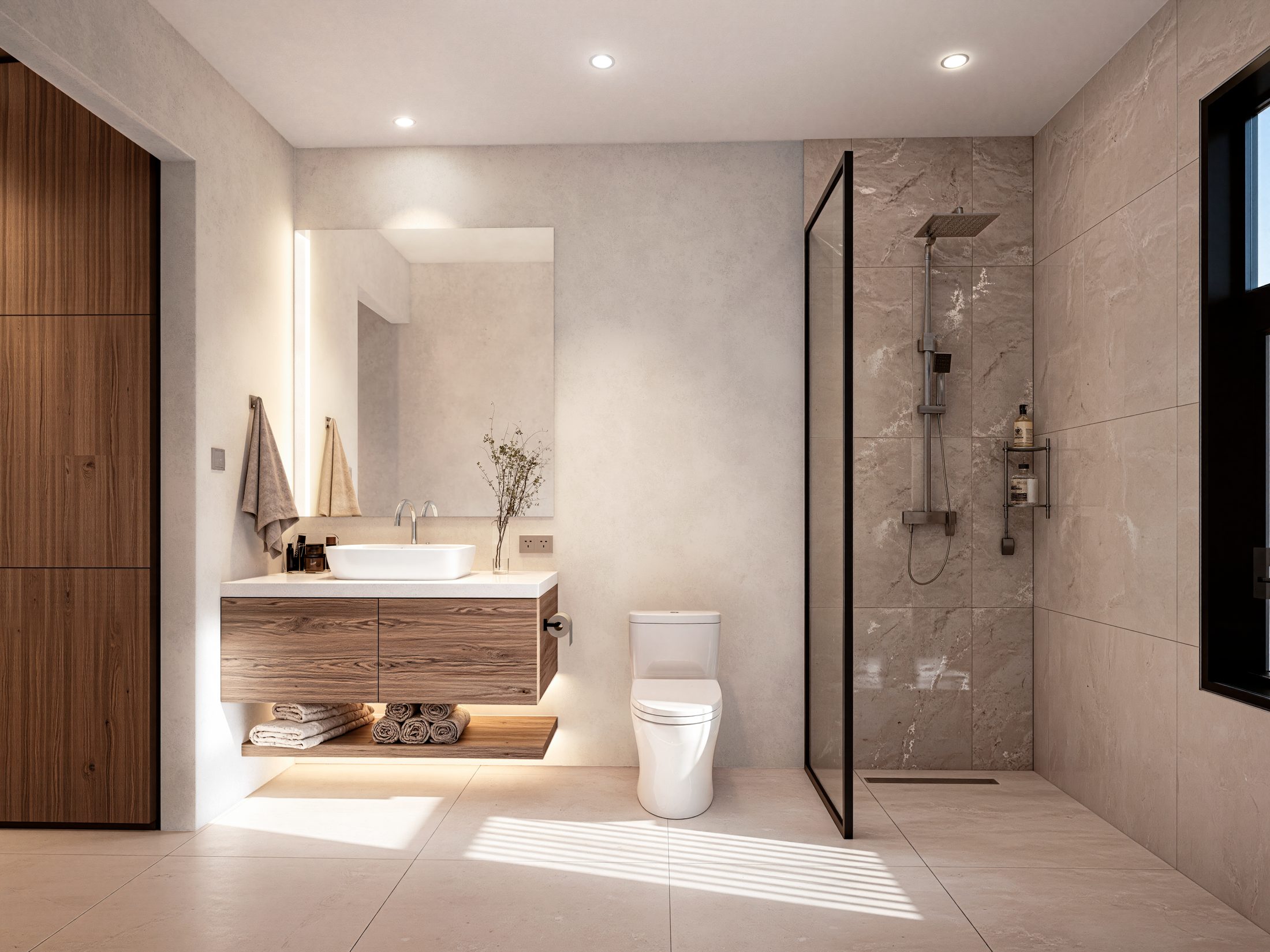 Bathroom in stone and pale timber