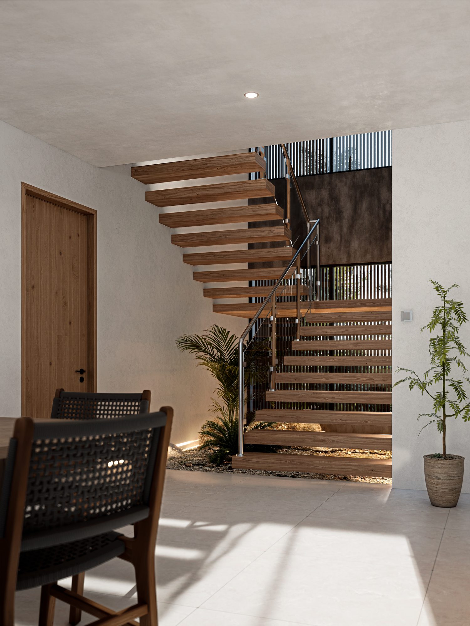 Open-tread stair beside the courtyard