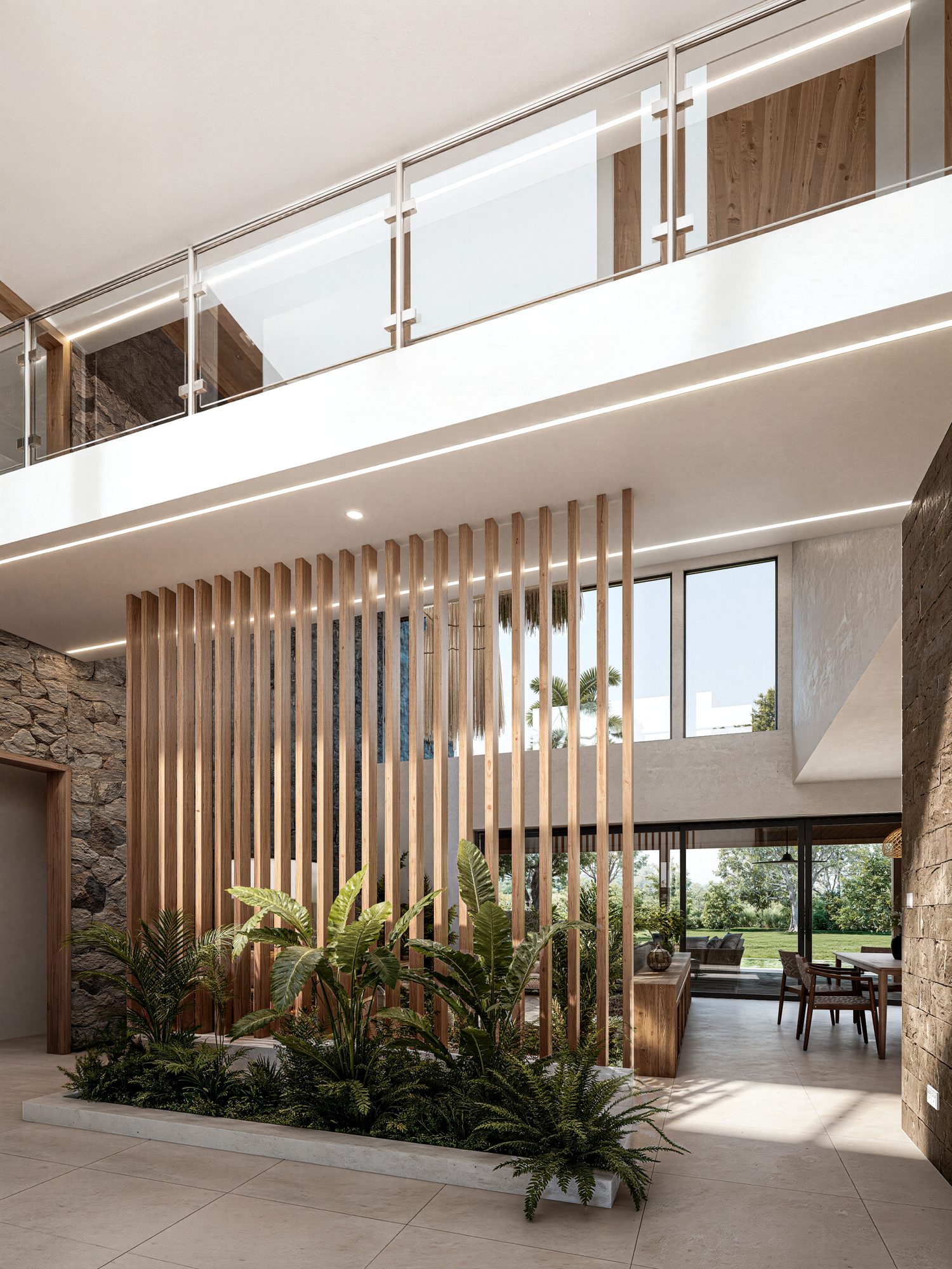 Living room behind a slatted timber screen