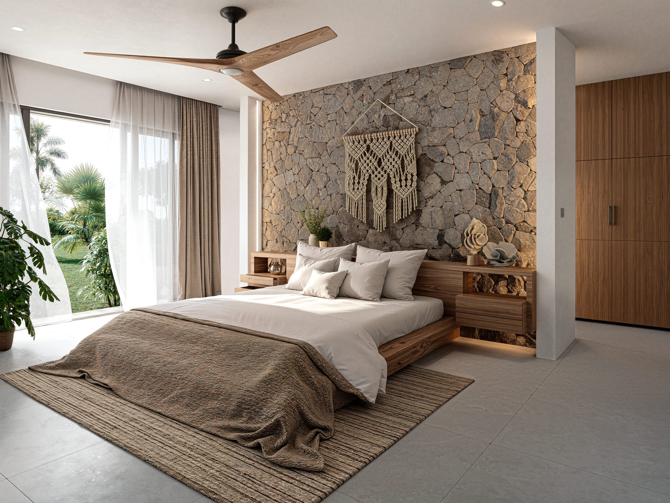 Bedroom set against a stone wall
